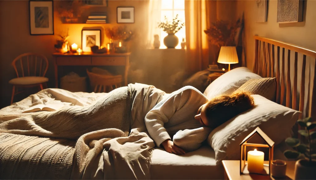 A person lying on a comfortable bed practicing a gentle spinal twist stretch, surrounded by warm lighting, soft blankets, and a peaceful bedroom setting.