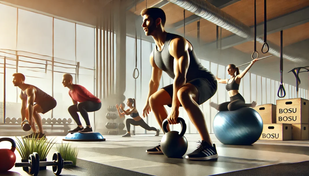 A group of individuals performing functional exercises in a modern gym setting. One person is balancing on a Bosu ball while squatting, another is doing a single-leg deadlift with a kettlebell, and a third is executing a plank with alternating shoulder taps. The gym features bright lighting, exercise mats, and various fitness equipment.