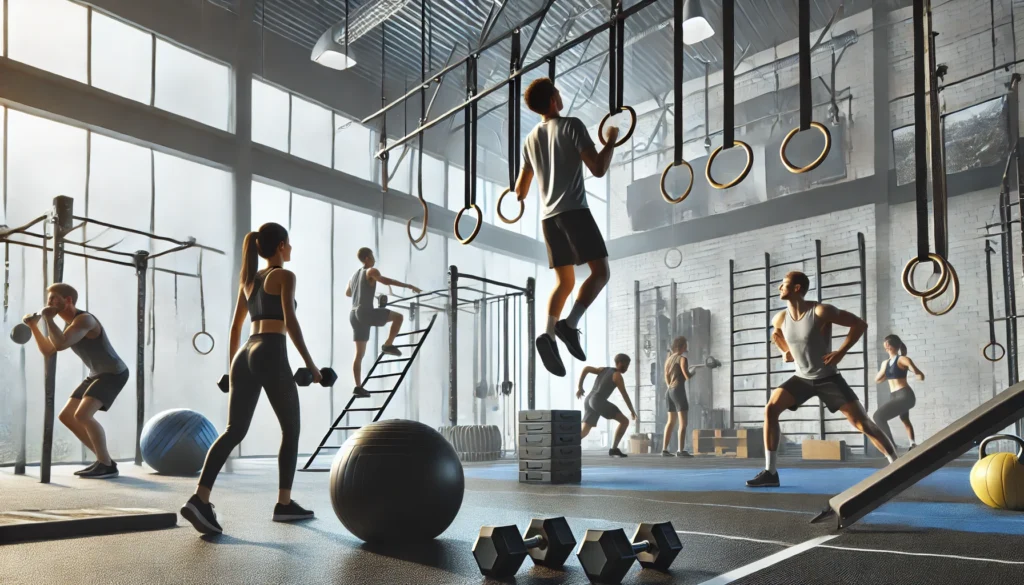 An active indoor functional training gym with individuals performing different exercises. One person is using gymnastic rings for upper body strength, another is balancing on a stability ball while doing dumbbell presses, and a third is practicing agility ladder drills. The modern gym environment is equipped with various workout tools and bright lighting.