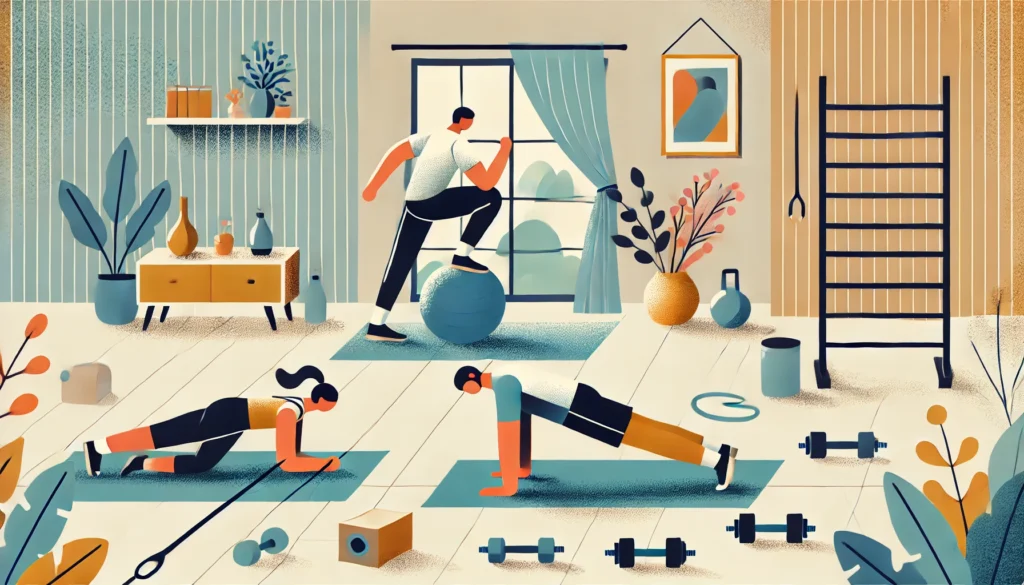 A cozy home gym setting where individuals are engaged in strength and balance exercises. The scene includes a person doing a side plank with leg raises, another using a stability ball for core workouts, and a third performing resistance band rows while balancing on one leg. The home gym is well-lit and equipped with yoga mats, dumbbells, and fitness accessories.