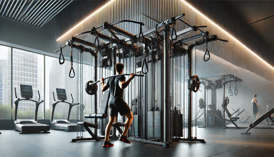 A high-tech full-body workout machine in a modern gym. The machine features multiple stations with cables, pulleys, and resistance bands for total strength and endurance training. A person is engaged in functional movements like squats, rows, and presses in a sleek, well-lit gym environment.