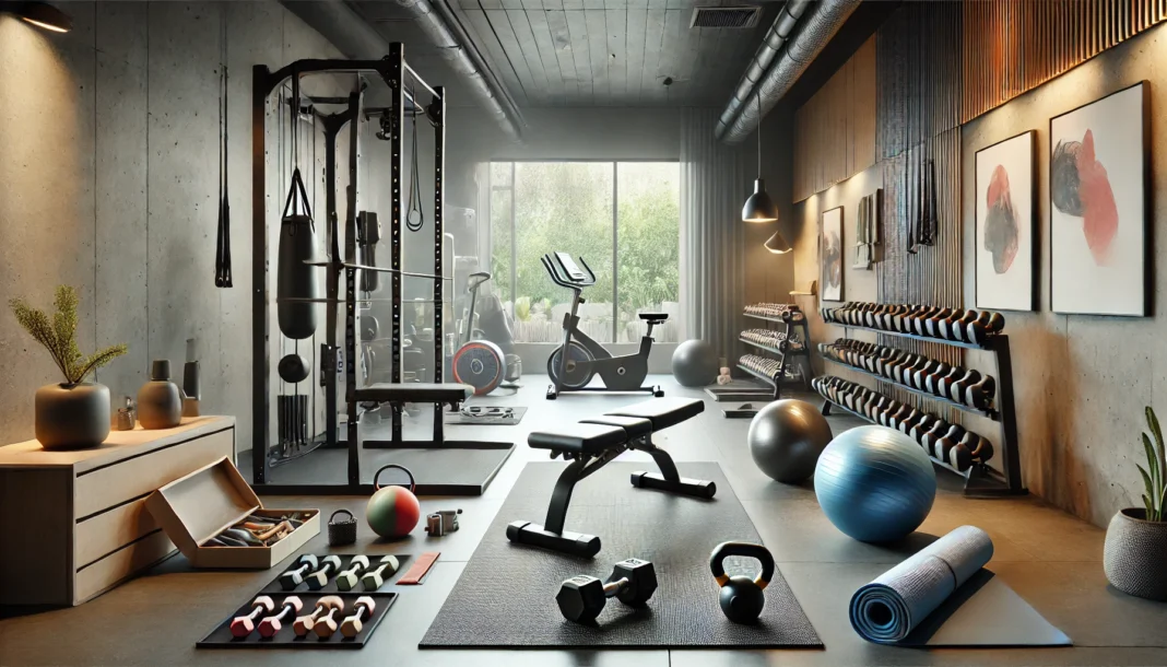 A well-organized home gym setup featuring dumbbells, resistance bands, a yoga mat, kettlebells, and an adjustable workout bench. The space is modern, well-lit, and designed for effective home workouts.