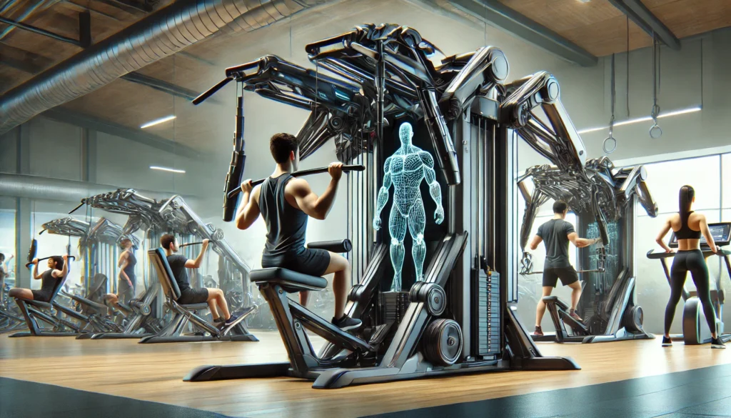 A futuristic full-body workout machine designed for strength and endurance training. The machine includes attachments for cable exercises, resistance training, and functional movement patterns. One person is performing a lat pull-down while another uses the leg press function in a spacious, well-lit gym.