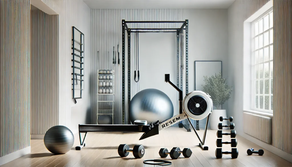 A modern home workout space with a rowing machine, adjustable dumbbells, resistance bands, and a large exercise ball. The setting is minimalistic, bright, and optimized for an efficient workout.