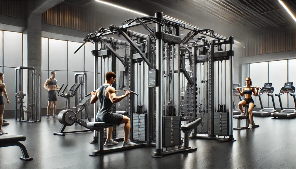 A state-of-the-art full-body workout machine in a premium gym setting. This multi-functional fitness machine features adjustable weight stacks, cable systems, and multiple exercise stations. A person is performing a cable row while another is using the squat rack function in a high-tech training facility.