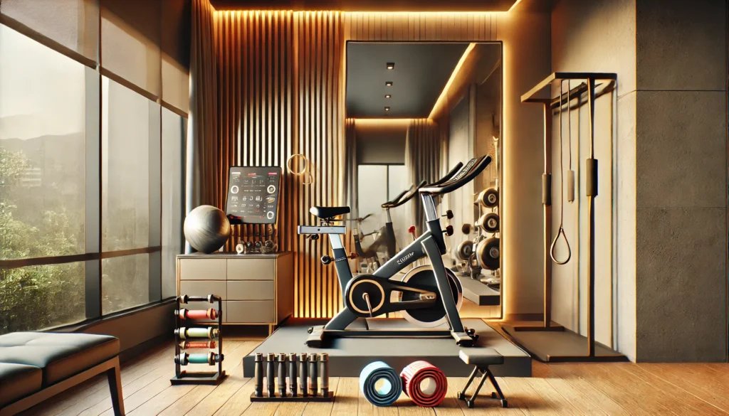 A stylish home fitness corner equipped with a sleek stationary bike, a smart fitness mirror, resistance bands, and foam rollers. The area has wooden flooring and warm lighting, creating an inviting workout space.