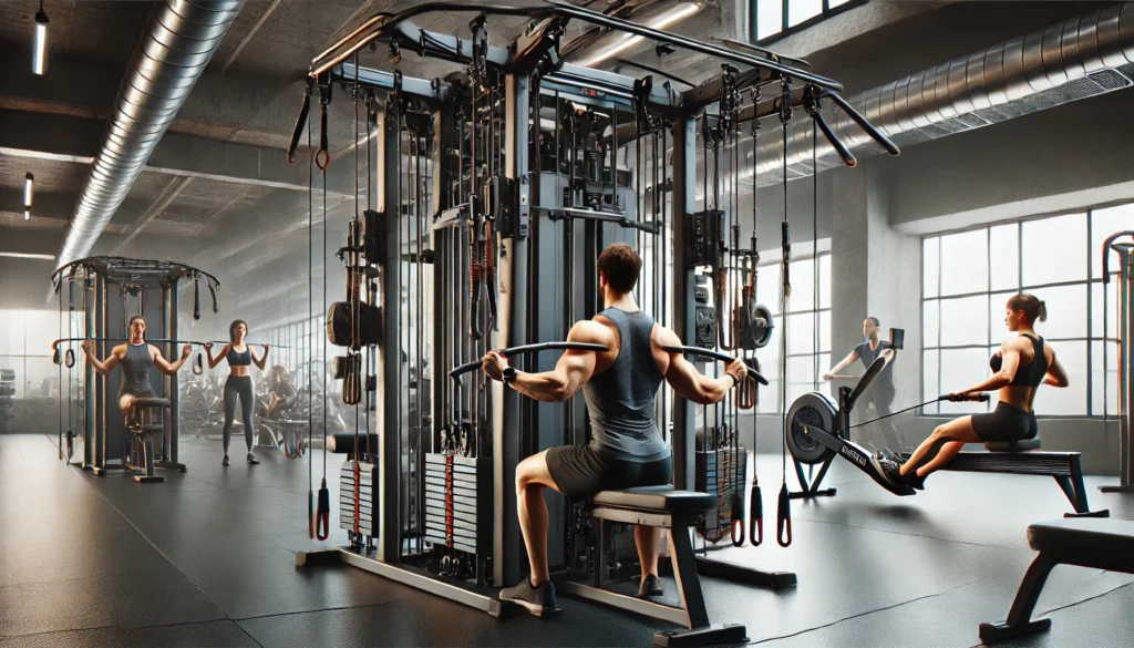 An advanced multi-functional full-body workout machine in a professional gym. The machine includes cable pulleys, resistance bands, squat support, and a rowing station for total-body strength and endurance. One individual is performing a lat pulldown while another is engaged in a triceps rope extension in a high-performance fitness center.