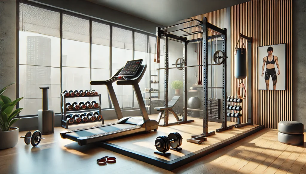 A home gym featuring a treadmill, a dumbbell rack, resistance bands, and a pull-up bar. The space is designed for a full-body workout, with large windows allowing natural light for an energetic atmosphere.