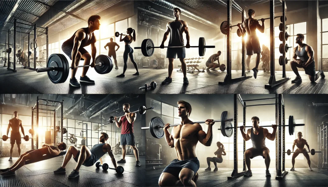 A powerful gym scene with athletes performing full-body and arm workouts. One individual is executing a barbell deadlift, another is doing bicep curls with dumbbells, a third is engaged in overhead shoulder presses, and someone is performing triceps dips on parallel bars in a modern, well-lit gym.