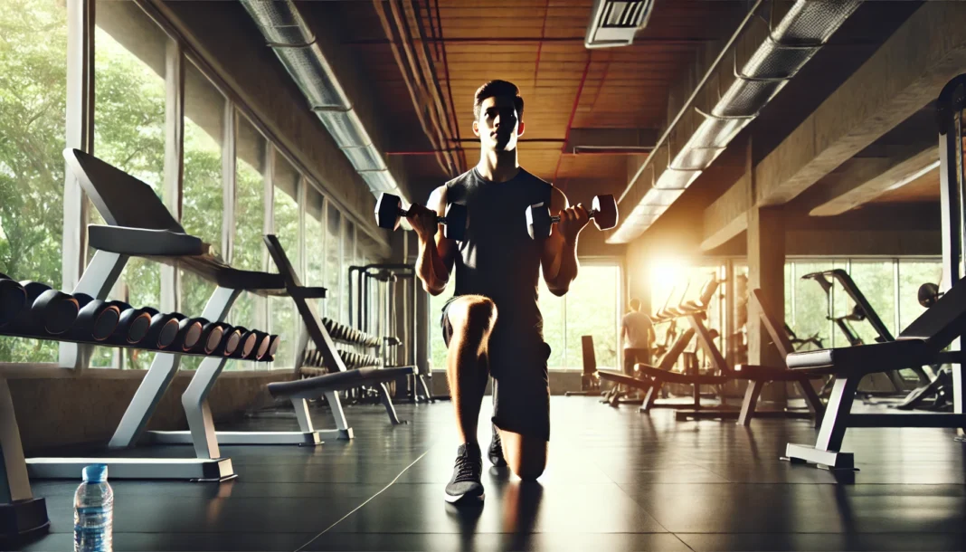 A gym workout scene featuring an individual performing dumbbell exercises such as bicep curls, shoulder presses, and lunges in a well-equipped, modern fitness center with a motivating atmosphere.