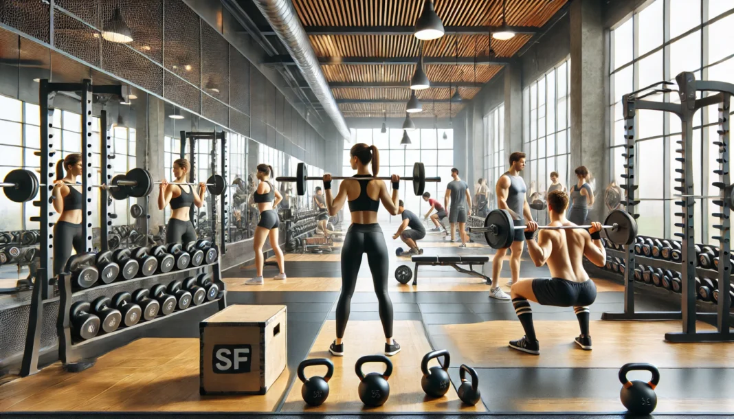 A modern gym with people performing free weight exercises, including dumbbell squats, barbell deadlifts, kettlebell swings, and bench presses. The spacious gym features mirrors, weight racks, and a motivational atmosphere.