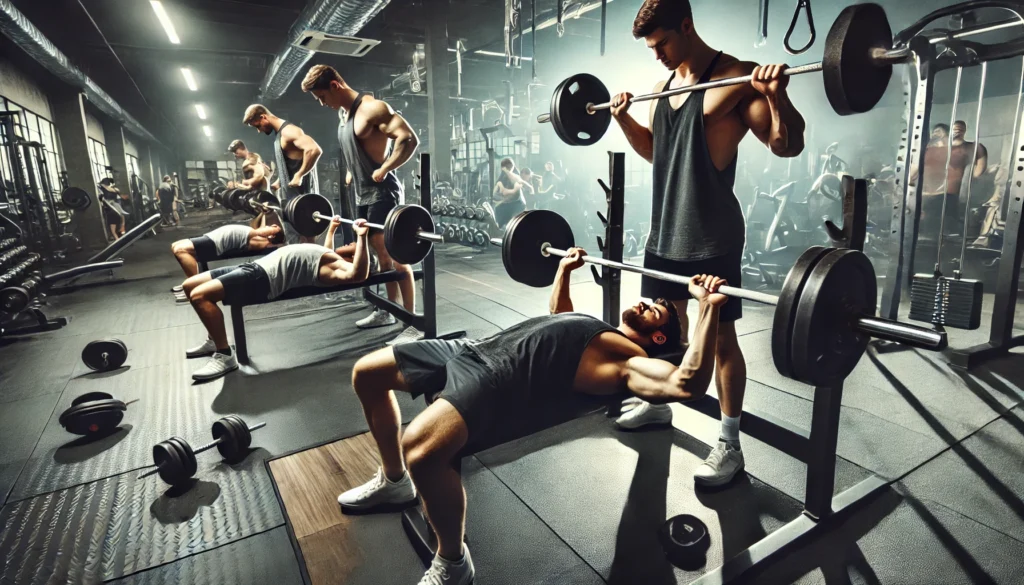 An intense weightlifting session in a high-energy gym. A muscular man is performing a heavy bench press, another athlete is engaged in dumbbell hammer curls, a third is doing pull-ups, and someone is executing a clean and press with a barbell, emphasizing strength and endurance.