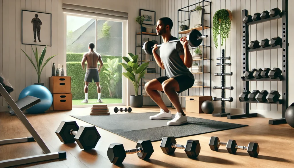 A home workout setting with a person executing dumbbell exercises like goblet squats, lateral raises, and bent-over rows in a bright and well-organized home gym designed for effective strength training.