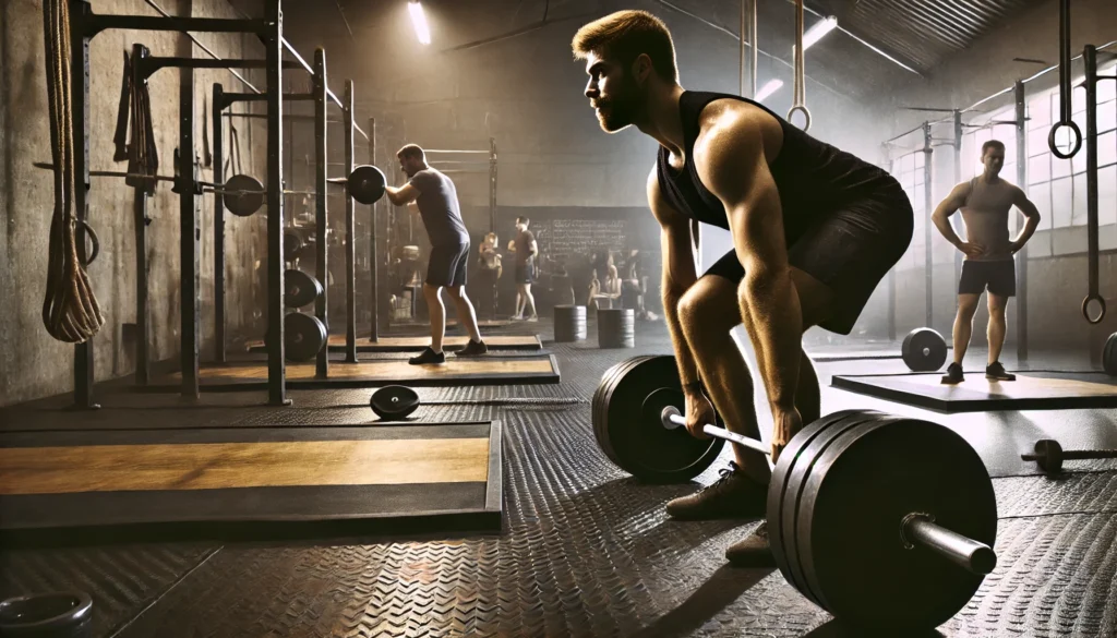 A muscular man performing a heavy barbell deadlift in a gym. The background includes dumbbell racks, weightlifting platforms, and other gym-goers, with dramatic lighting emphasizing his strength.