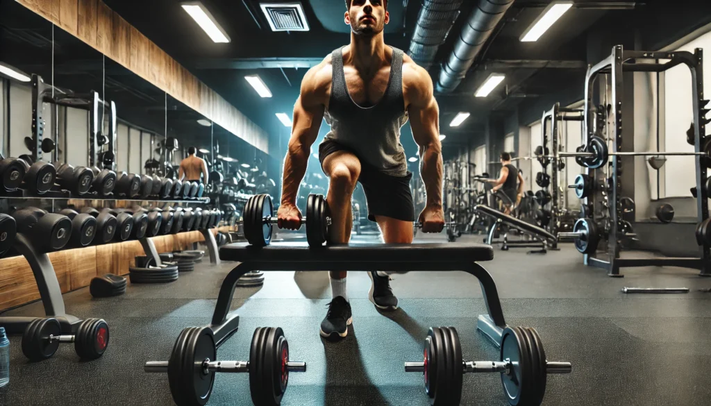 A gym environment focused on full-body dumbbell training, showcasing an individual performing Romanian deadlifts, bench presses, and dumbbell thrusters in a space with weight racks and mirrors.