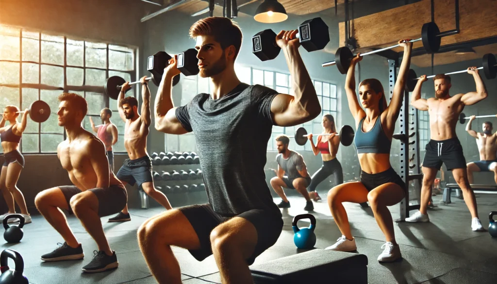 A group of athletes engaging in various free weight exercises like dumbbell shoulder presses, kettlebell swings, and barbell squats in a high-energy gym. The background showcases weight racks and workout stations.