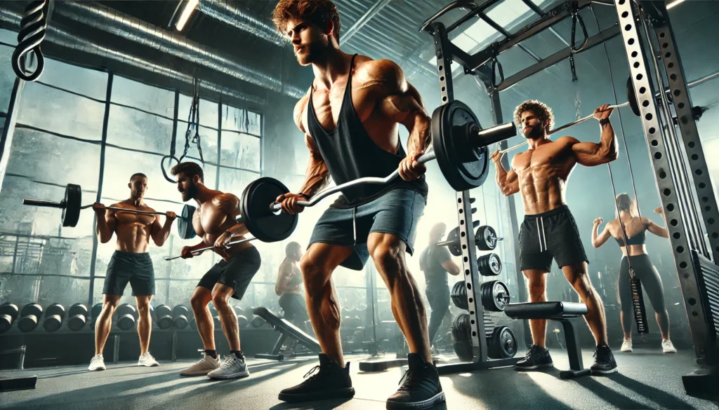 An advanced strength-training session in a high-performance gym. One individual is deadlifting, another is doing cable triceps pushdowns, a third is executing a heavy dumbbell shoulder press, and someone is performing weighted pull-ups, highlighting power and muscle-building.