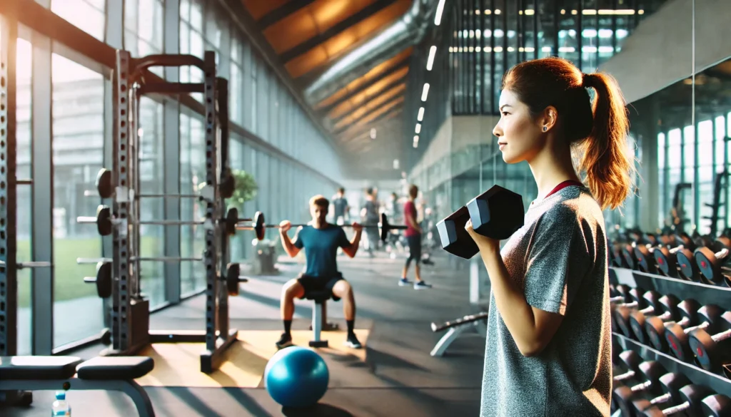 A fit woman performing a dumbbell shoulder press in a modern gym. The gym is well-lit, featuring weight racks, mirrors, and other athletes training in the background, emphasizing focus and endurance in strength training.