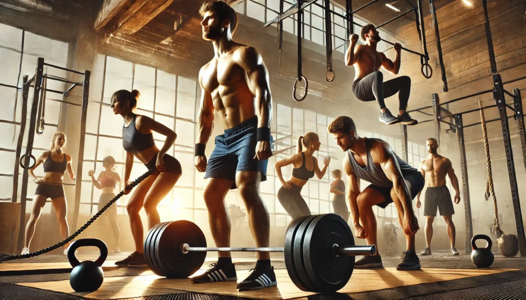 Athletes engaged in a high-performance gym workout. A man deadlifts heavy weights, a woman performs kettlebell swings, another athlete does pull-ups, and a fourth uses battle ropes. The gym has a motivating atmosphere emphasizing strength and endurance.