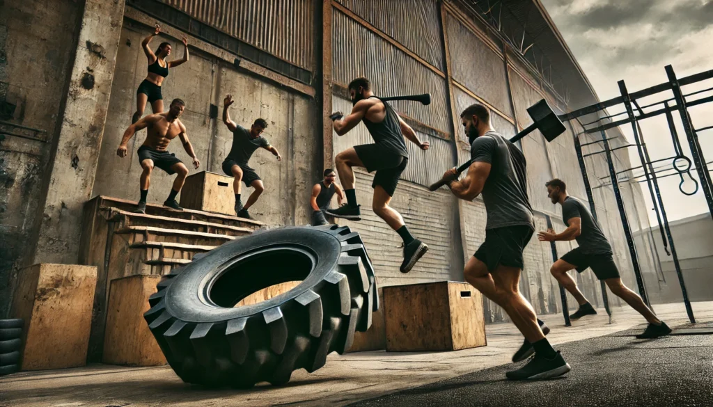 Outdoor strength training with a raw, industrial aesthetic. An athlete flips a massive tire, another sprints upstairs, a third swings a sledgehammer, and one executes explosive box jumps, capturing full-body power and agility.