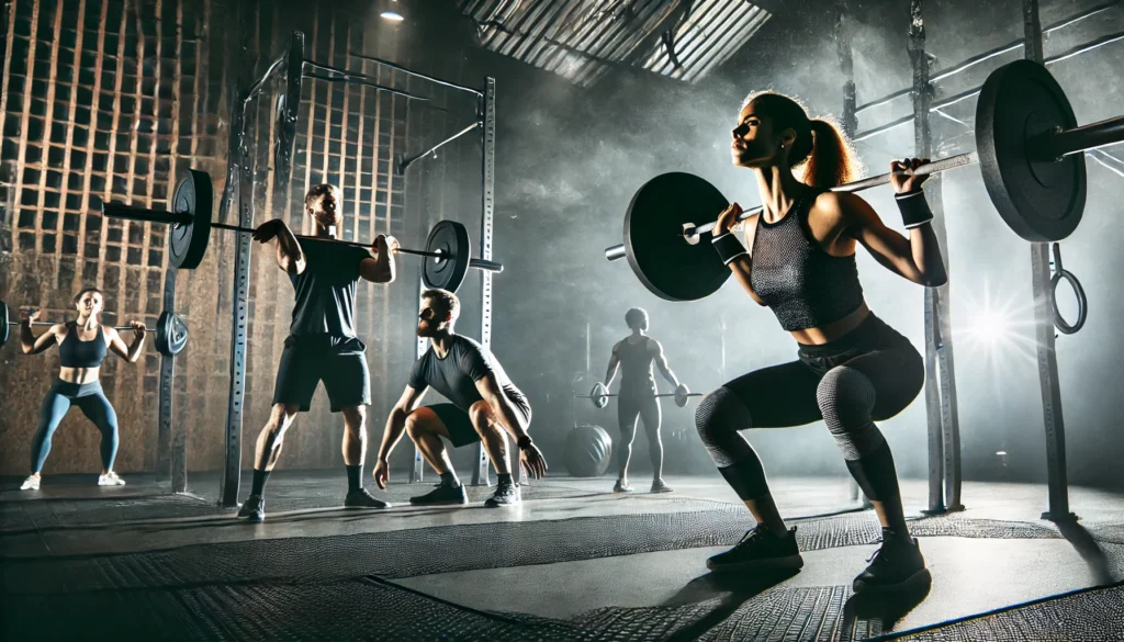 Intense weightlifting in a professional gym. A woman executes a clean and jerk, a man performs heavy squats, and another athlete does a one-arm dumbbell snatch. The setting is high-performance with dramatic lighting and focused intensity.