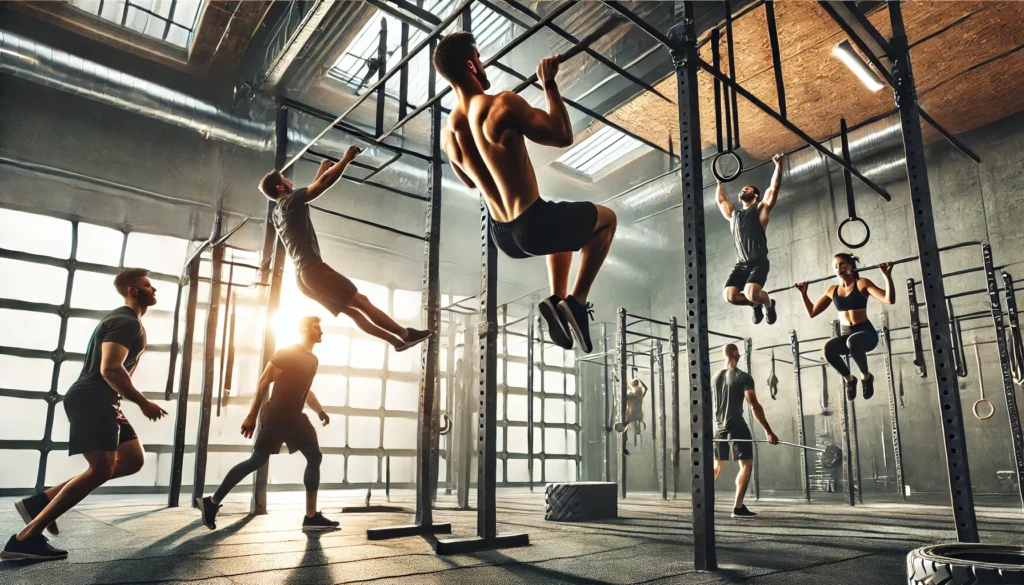 Functional fitness and calisthenics training in a sleek gym. One athlete does muscle-ups on rings, another performs a handstand push-up, a third balances on parallel bars, and another jumps rope at high speed, highlighting bodyweight strength and endurance.