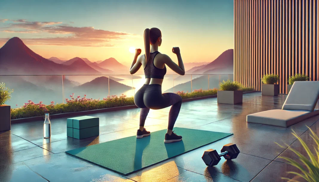 A fit woman performing bodyweight squats on a scenic outdoor terrace at sunrise, with a yoga mat and dumbbells beside her. The background features mountains and a peaceful environment, representing flexible workout plans.