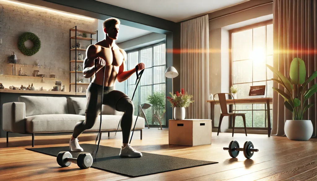 A fit man doing resistance band training in a modern living room, surrounded by a workout mat, dumbbells, and natural light from large windows. The image highlights the convenience of achieving fitness goals at home.