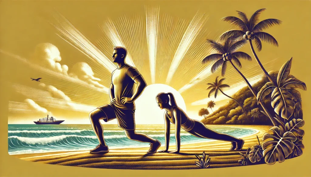 A fit couple exercising on a sandy beach at sunset, performing bodyweight lunges and push-ups. The background features ocean waves, palm trees, and a golden sky, representing an active and healthy lifestyle anywhere.