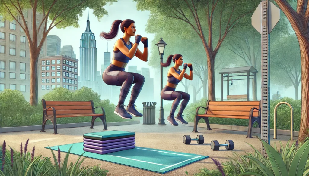 A fit woman performing a high-intensity interval training (HIIT) workout in an urban park, doing jump squats on a workout mat with dumbbells nearby. The background includes trees, benches, and city buildings, showcasing outdoor fitness options.