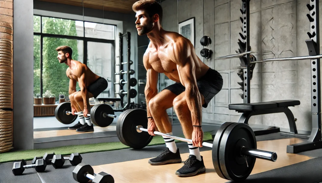 A muscular man performing deadlifts in a home gym, lifting a heavy barbell with proper form to engage his legs, back, and core for strength training. The gym setup includes dumbbells, a squat rack, and a mirror reflecting his workout.