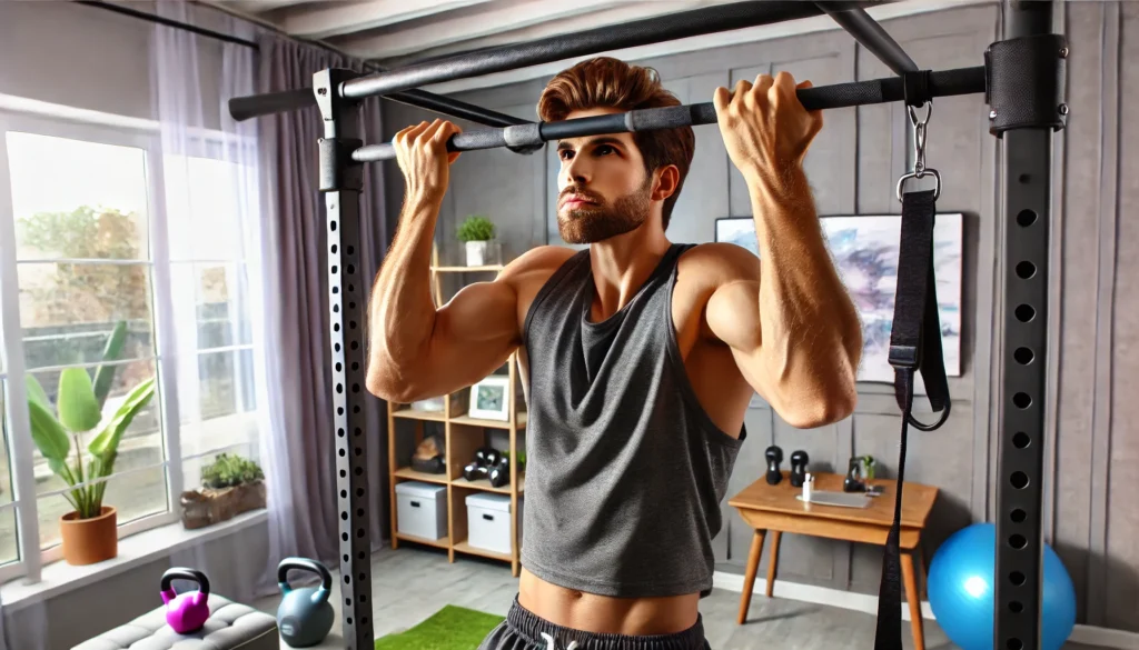 A fit man doing pull-ups on a home pull-up bar, gripping the bar with both hands and pulling his chin above the bar to build upper body strength. The home gym setup includes a resistance band, kettlebells, and a workout mat.