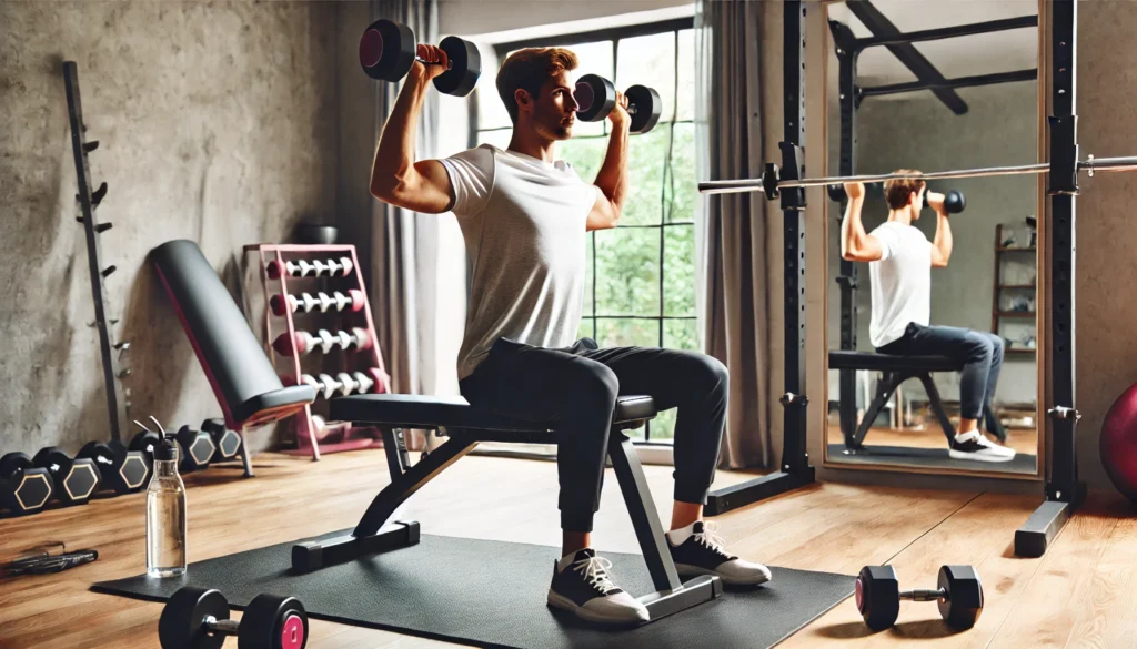 A fit man performing dumbbell shoulder presses in a home gym, seated on a workout bench while lifting two dumbbells overhead to build upper body strength. The gym setup includes a rack of weights, a mirror, and a yoga mat on the floor.