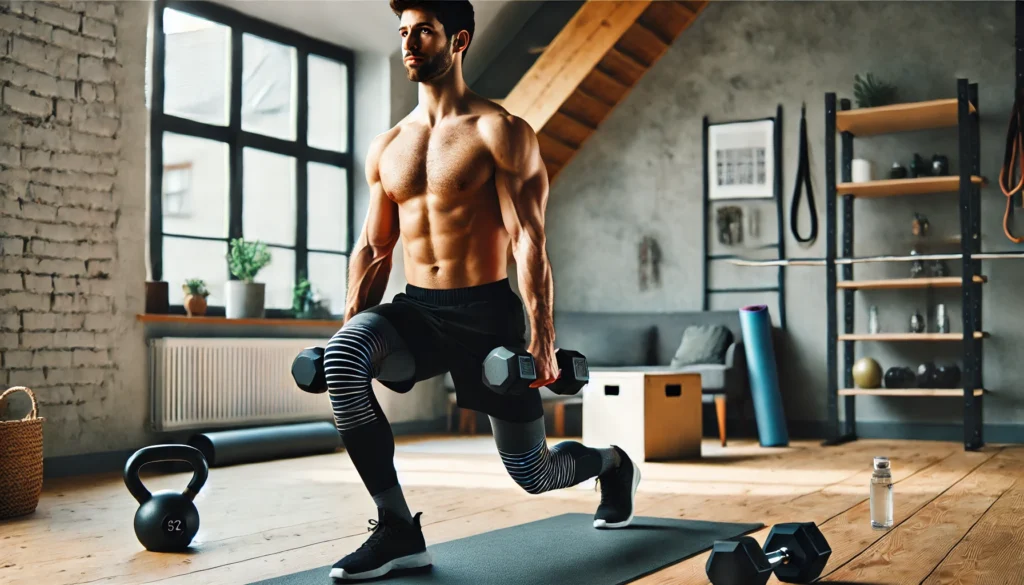 A muscular man performing lunges with dumbbells in his home gym, stepping forward with one leg while holding dumbbells at his sides to engage his legs and core for strength training. The gym setup includes a kettlebell, resistance bands, and a yoga mat on the floor.