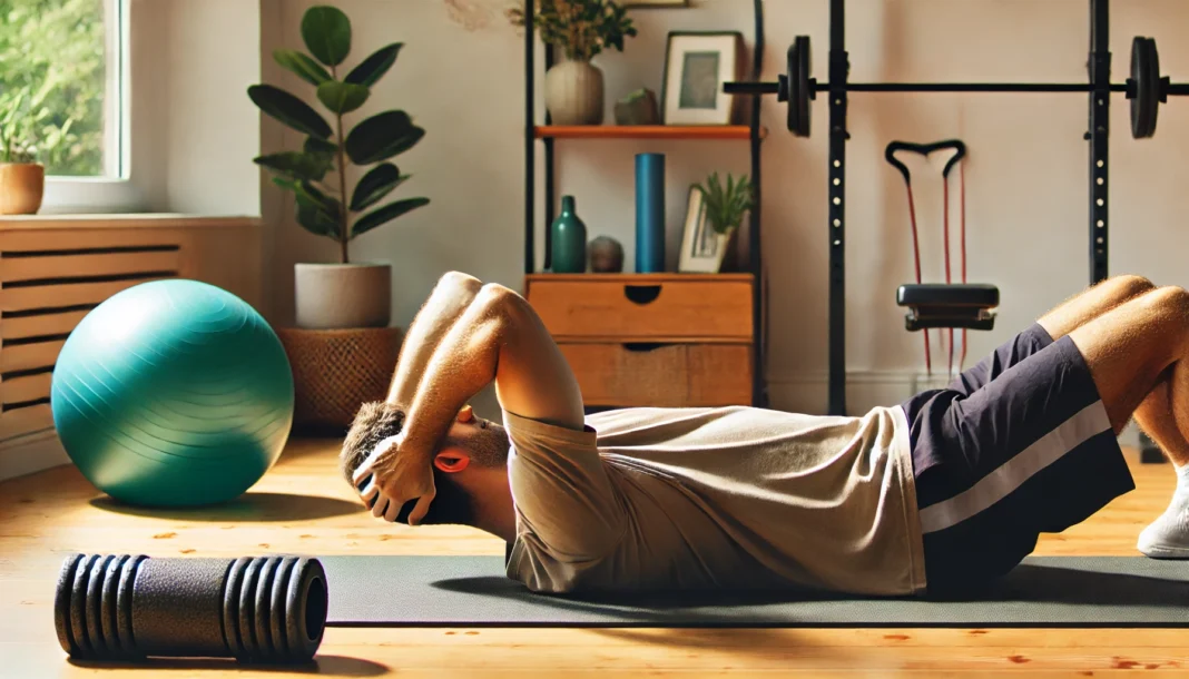 A man performing a back extension exercise on a yoga mat at home, lifting his upper body with his hands behind his head to strengthen his lower back. The home gym setup includes a foam roller, resistance bands, and a small potted plant.