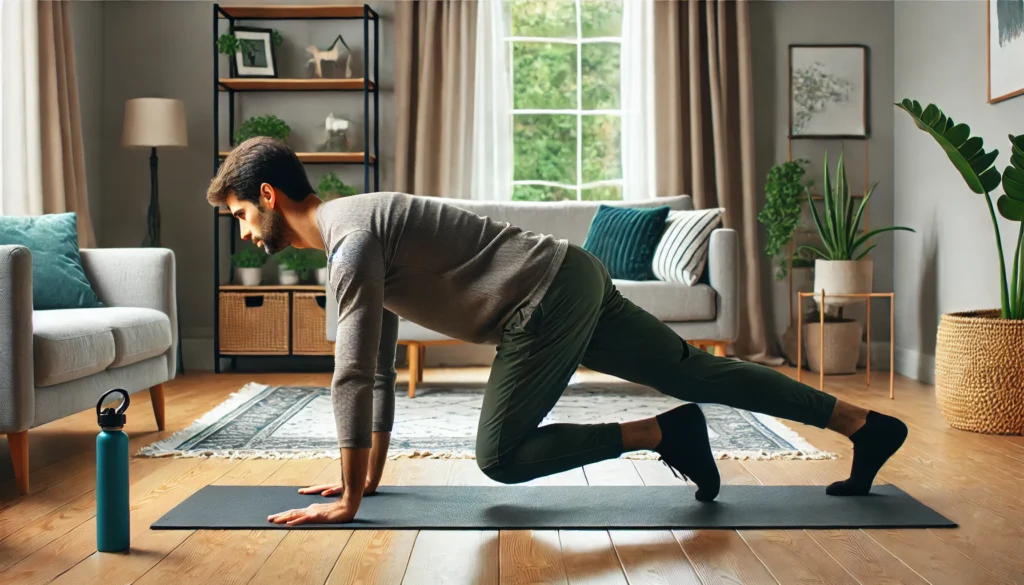 A man practicing the bird-dog exercise on a yoga mat in a cozy living room, extending one arm and the opposite leg to improve core stability and back strength. The room features a rug, indoor plants, and soft lighting.