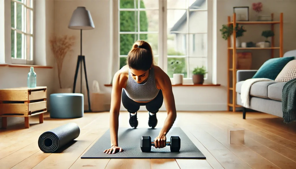 A woman performing a plank row exercise at home, holding a small dumbbell while maintaining a strong plank position to engage her back and core muscles. The home gym area is bright, with a large window, a foam roller, and a water bottle.