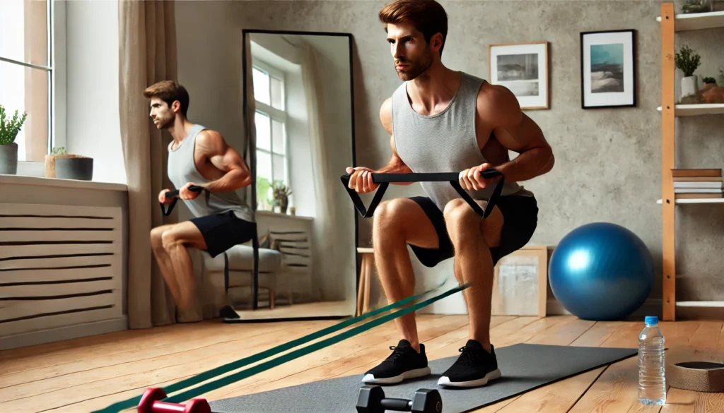 A fit man using a resistance band to perform a seated row exercise at home, pulling the band to strengthen his upper back. The room has a clean and bright atmosphere, featuring a yoga mat, small dumbbells, and a mirror reflecting his form.