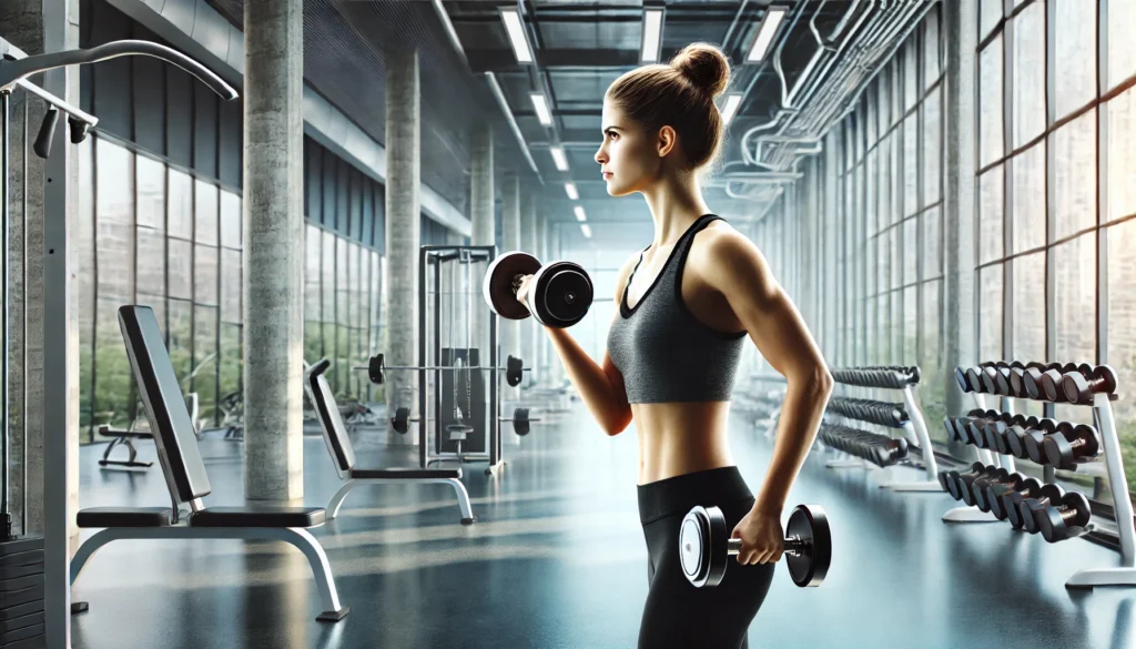 A fit woman performing dumbbell bicep curls in a modern gym, standing with strong posture while engaging her biceps. The scene includes weight racks and a professional training atmosphere.