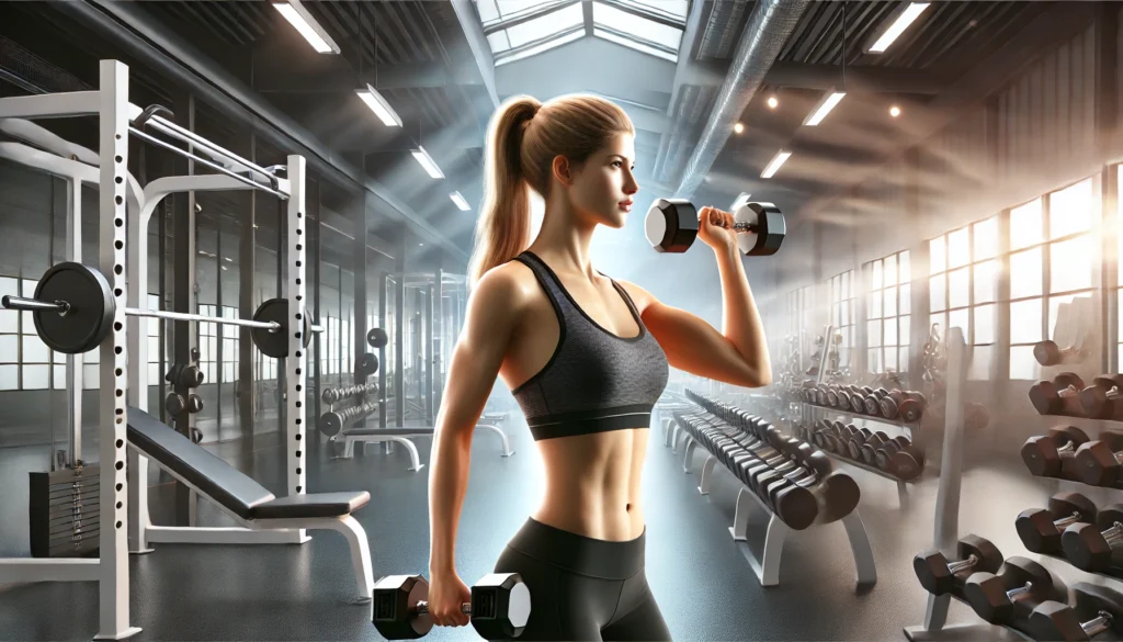 A fit woman executing a dumbbell lateral raise in a gym, lifting the dumbbells to shoulder height with controlled movement to strengthen her shoulders. The background features mirrors and well-lit gym equipment.