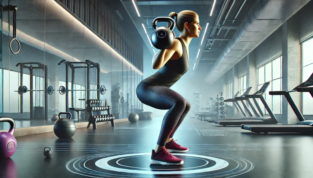 A fit woman performing a goblet squat with a kettlebell in a gym, maintaining strong posture while engaging her legs and core. The scene highlights free weight exercises for lower body strength and endurance.