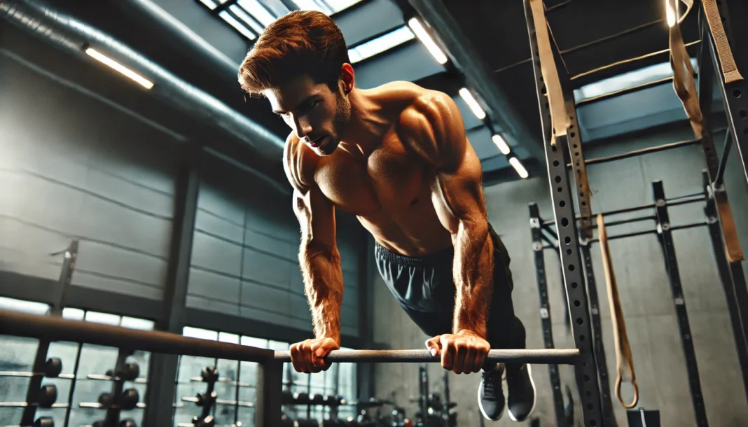 A bodyweight arm workout session in a modern gym, featuring an individual performing push-ups, triceps dips on parallel bars, and diamond push-ups, focusing on strength and definition without weights.