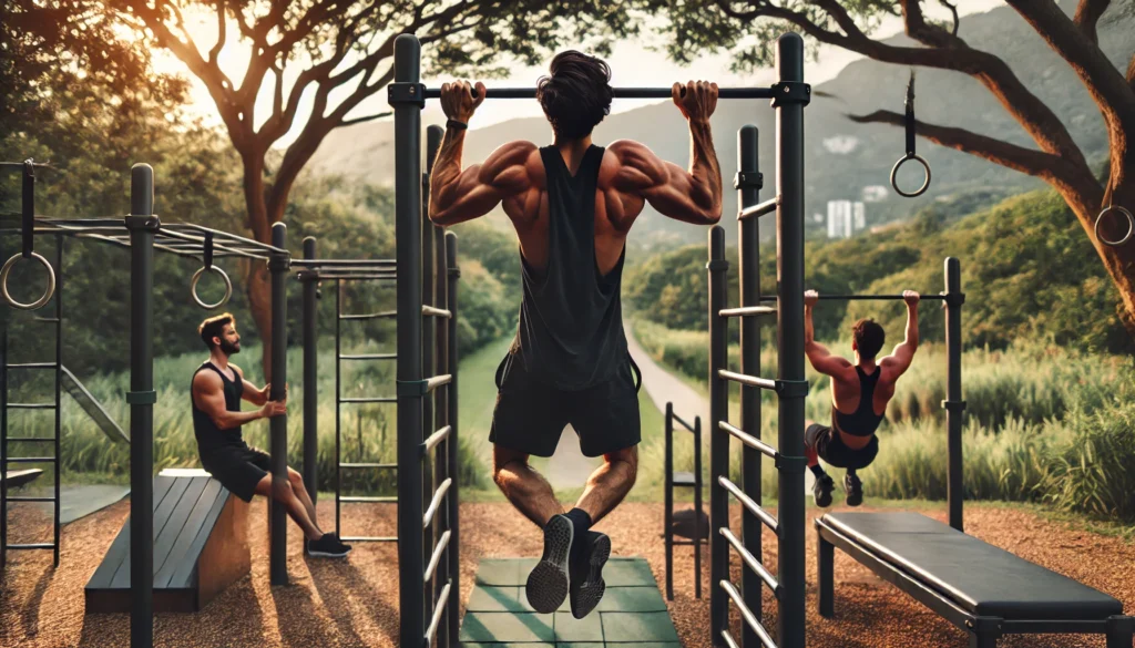 An outdoor calisthenics workout in a scenic park, showcasing an athlete performing pull-ups, dips, and muscle-ups on a bar, emphasizing natural bodyweight training.