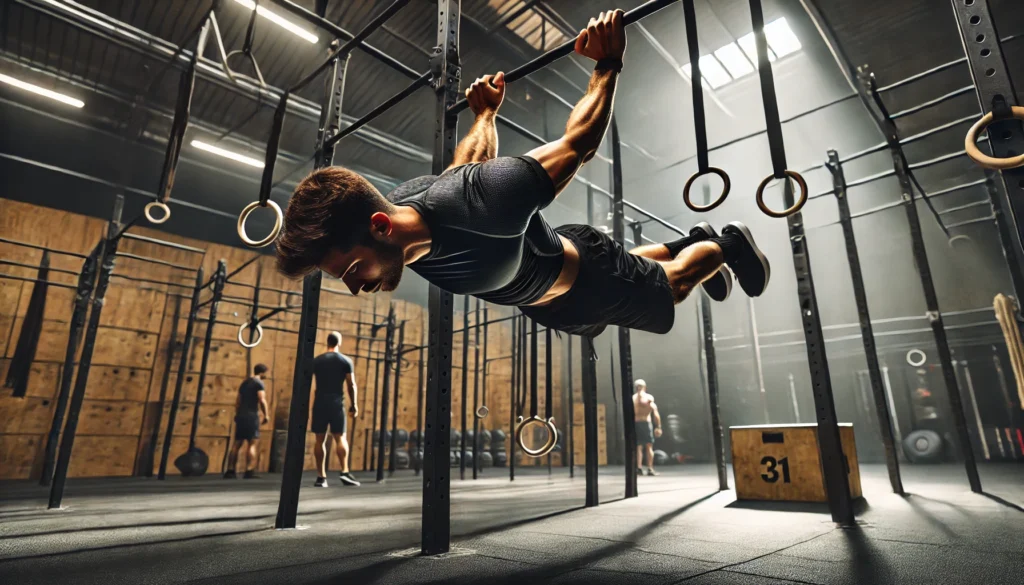 An advanced bodyweight arm workout in a gym setting, featuring an individual performing a planche hold on bars, emphasizing upper body strength and calisthenics training.