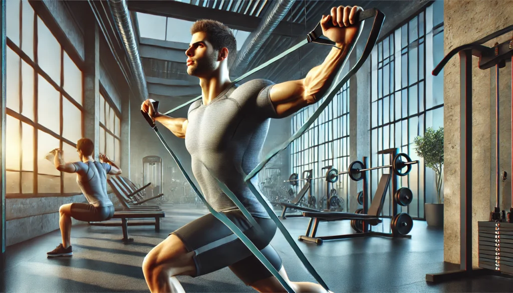 An athletic individual using a resistance band for shoulder stretches in a gym, improving flexibility and strength. The scene features a professional training environment.