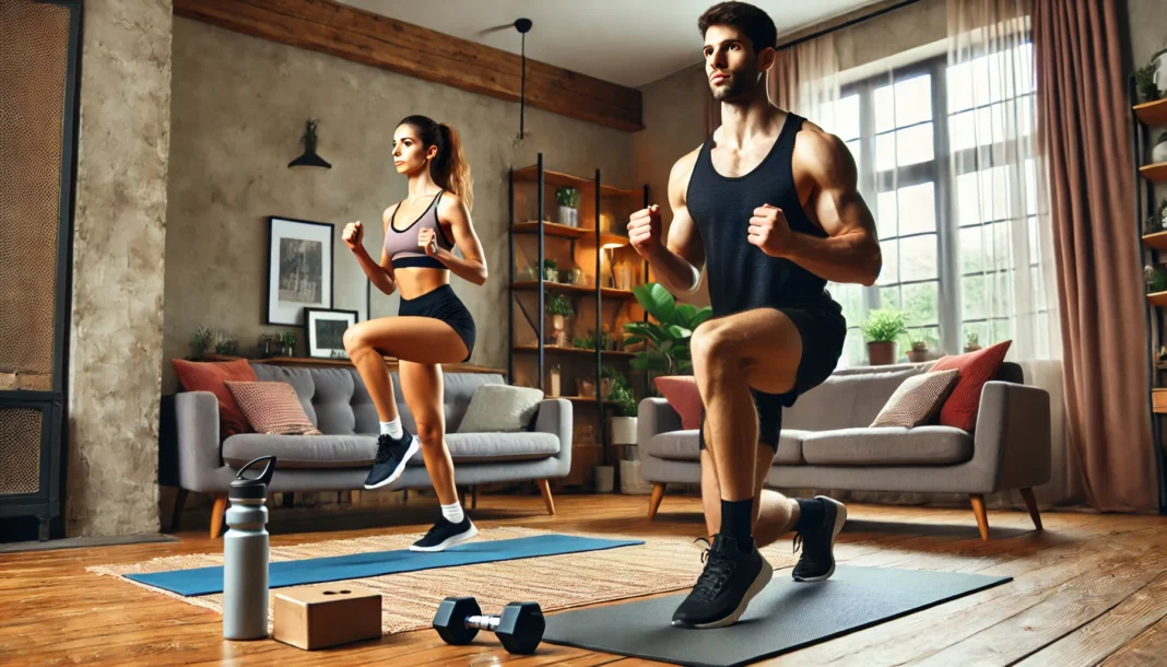 A fit man and woman performing an intense high-intensity home workout in a modern living room. The man is doing jumping lunges while the woman is doing high knees, surrounded by a yoga mat, dumbbells, and a water bottle.