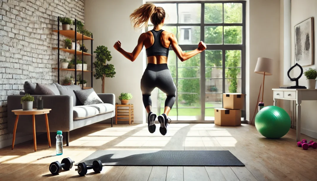 A fit woman performing jumping jacks in a bright living room, energetically jumping with arms and legs extended to burn belly fat. The home setting includes a yoga mat, dumbbells, and a large window allowing natural light to fill the space.