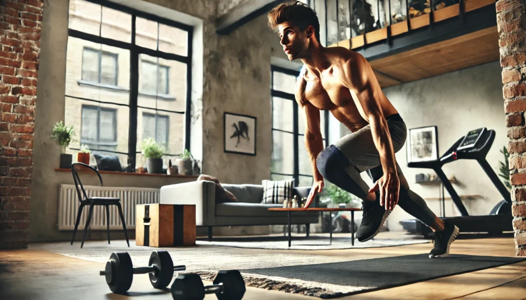 A fit man executing a powerful burpee workout in a stylish home gym. The scene captures his mid-movement motion, emphasizing strength and endurance. The gym features a yoga mat, dumbbells, and large windows letting in natural light.