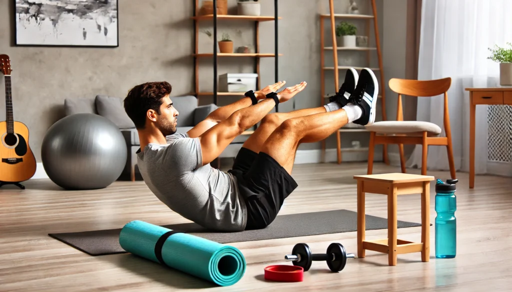 A man performing bicycle crunches on a yoga mat at home, lying on his back and engaging his core by bringing his elbow to the opposite knee in a controlled motion. The room has a minimalist design with a foam roller, resistance bands, and a water bottle nearby.