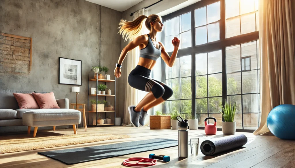 A fit woman in workout attire doing a fast-paced jumping jack exercise in a bright home gym. The space includes a yoga mat, resistance bands, and a water bottle, with large windows providing natural lighting.